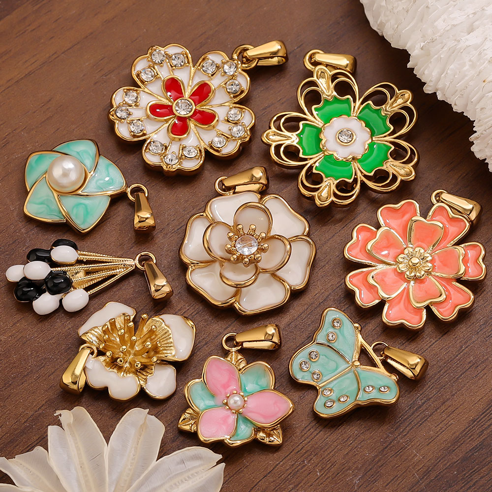 Jewelry Making Supplies Wholesale - 2PCS Stainless Steel Enamel Large Flower